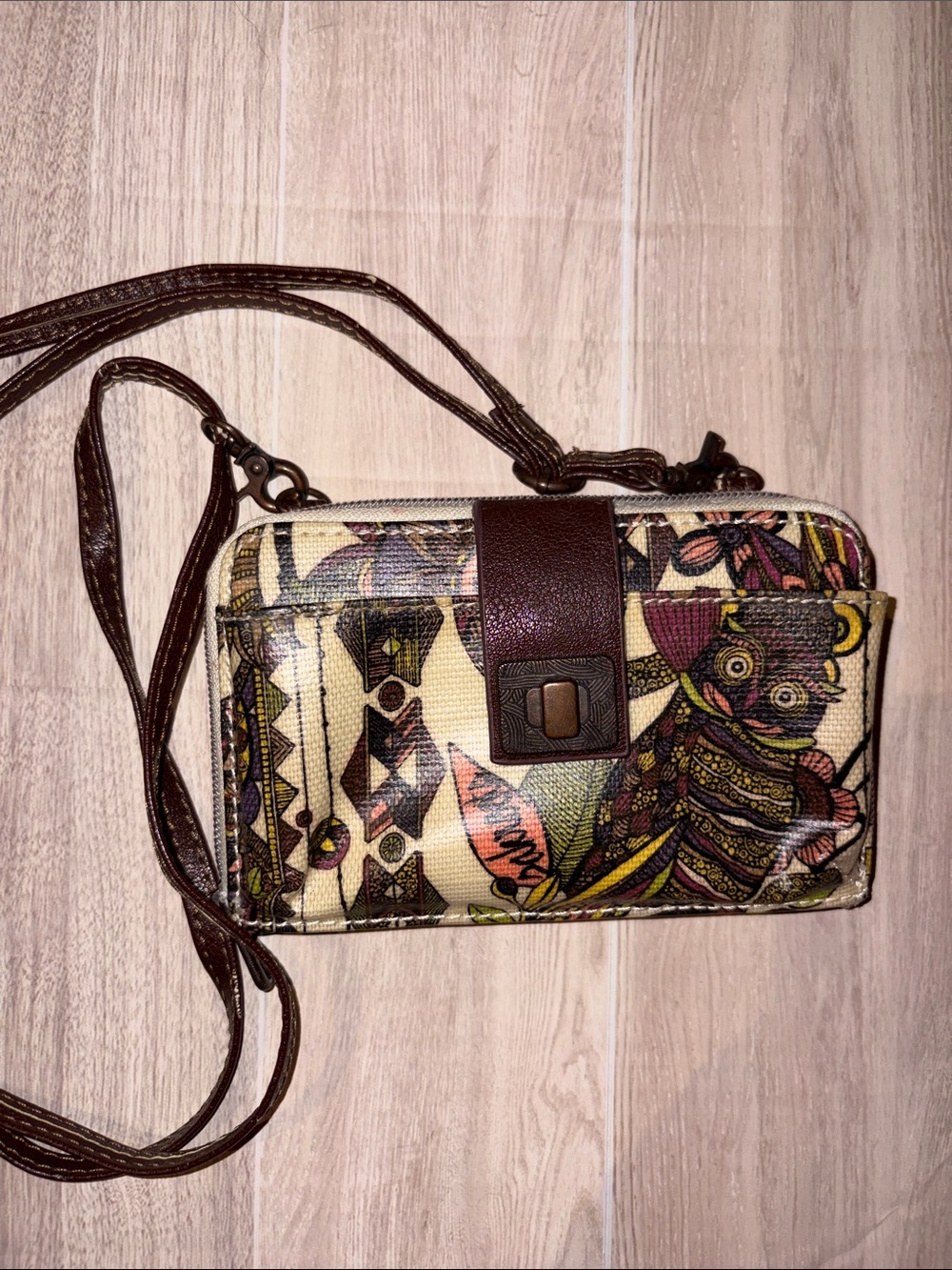 Sakroots Brown Multi-Color Owl Print Crossbody Bag